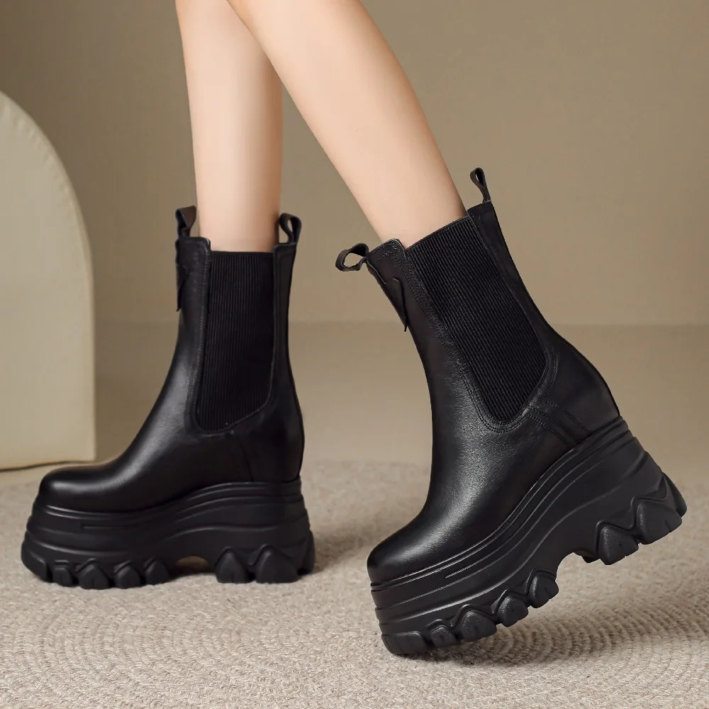 Spring Autumn Winter New British Style Slim Height Internal Platform Genuine Leather Women High Top Short Chelsea Boots 2410
