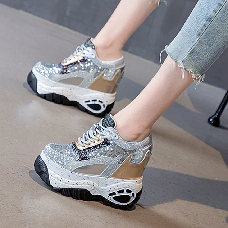 Spring Autumn New Slim Hide Height Increasing Platform Wedges Bling Lace-Up Genuine Leather Women Casual Shoes Sneakers 41223