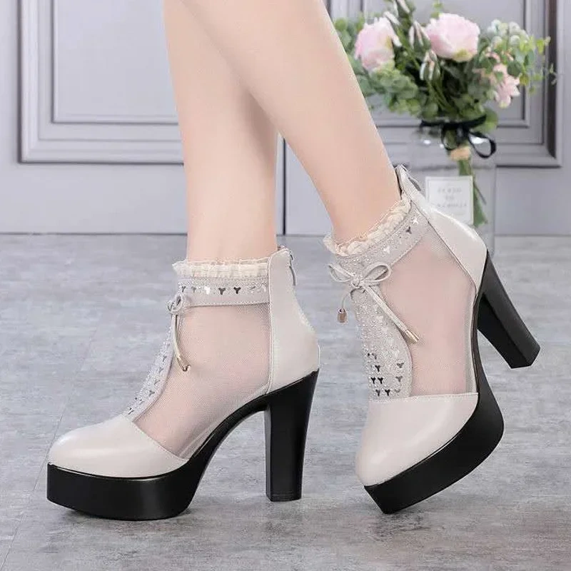 Summer New Fashion Thick High Heels Platform Bowknot Bling Crystal Cut Out Mesh Genuine Leather Women Ankle Short Modern Boots