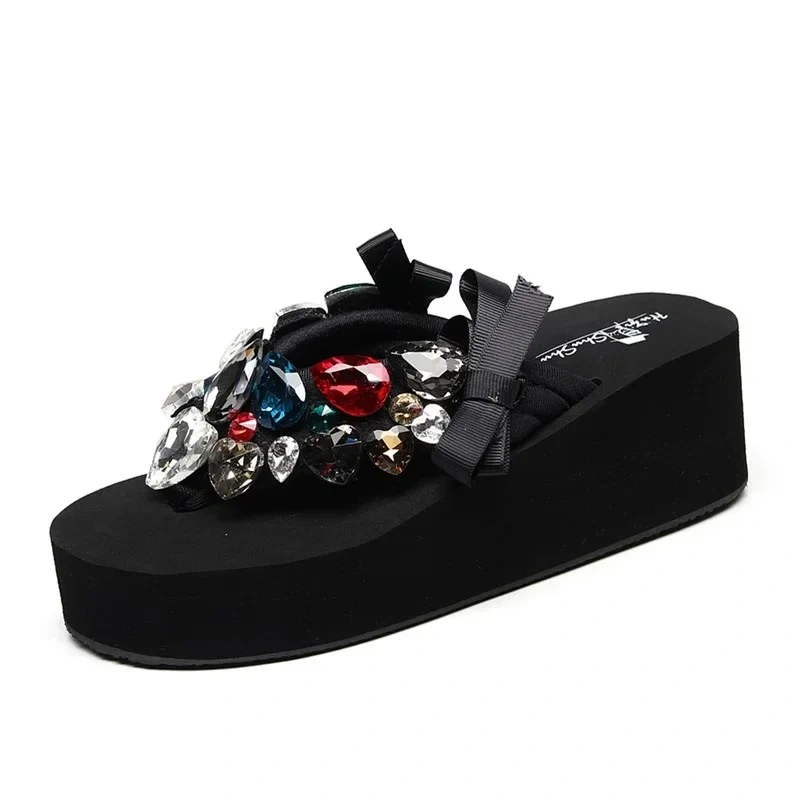 Summer New Fashion Wedges Clip Toe Cut-outs Bowknot Platform Crystal Rhinestone Plus Size 41 42 Mixed Colors Women Flip-flops