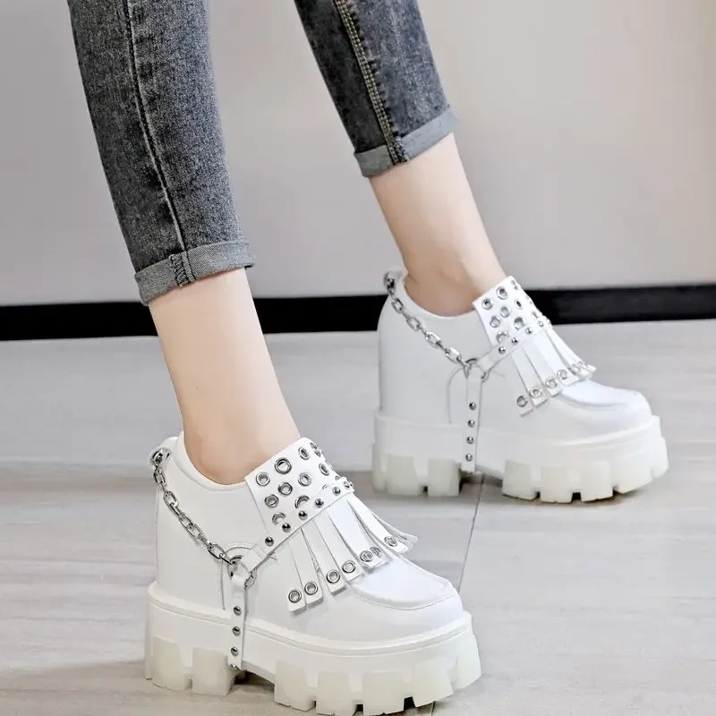 Spring Autumn New Punk Style Height Increasing Platform Metal Chain Fringe Genuine Leather Women Casual Shoes Sneakers 2410