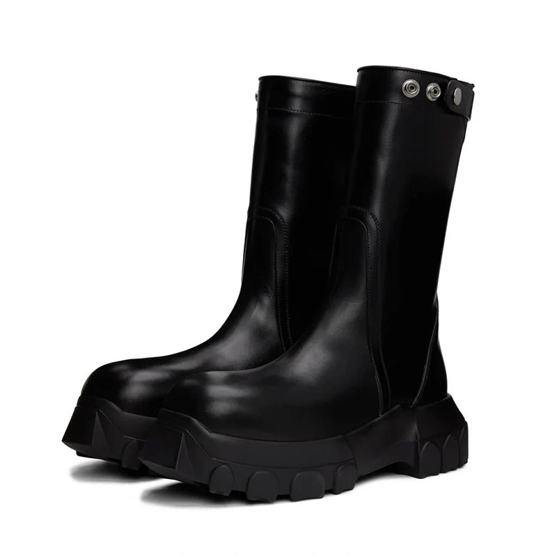 Spring Autumn New British Style Leisure Chunky Bottom Platform Metal Buckle Genuine Leather Men Mid-Calf Half Motorcycle Boots
