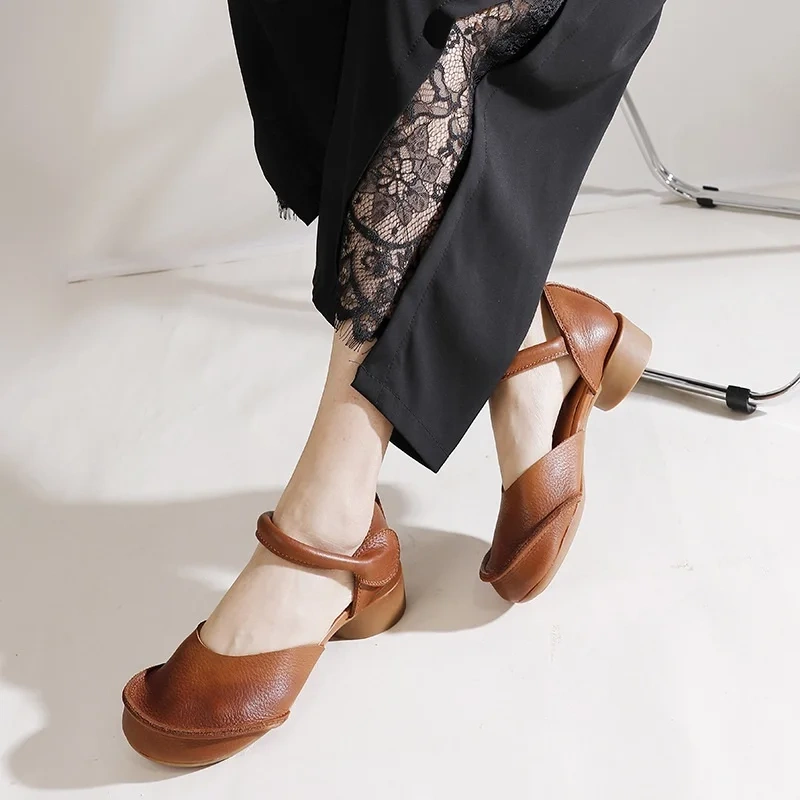 Summer New National Style Retro Thick Heels Round Toe Handmade Sewing Hollow Belt Genuine Leather Women Casual Sandals 2406