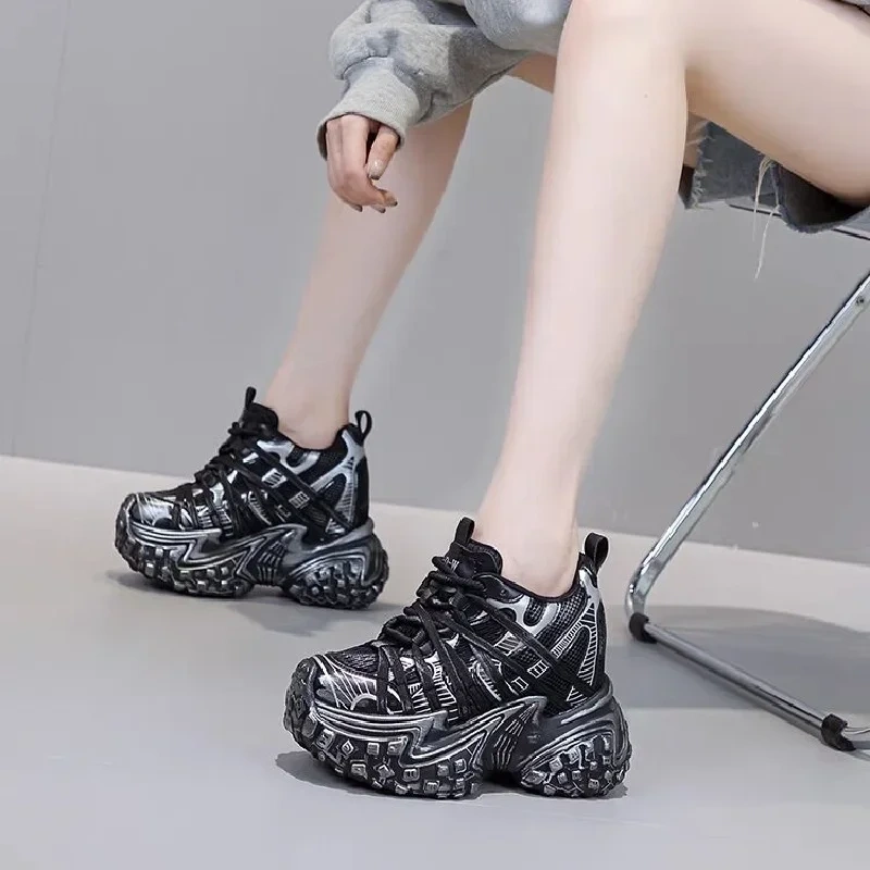 Spring Autumn New Slim Height Increasing Platform Cross-tied Mesh Patchwork Genuine Leather Women Casual Shoes Sneakers 2502