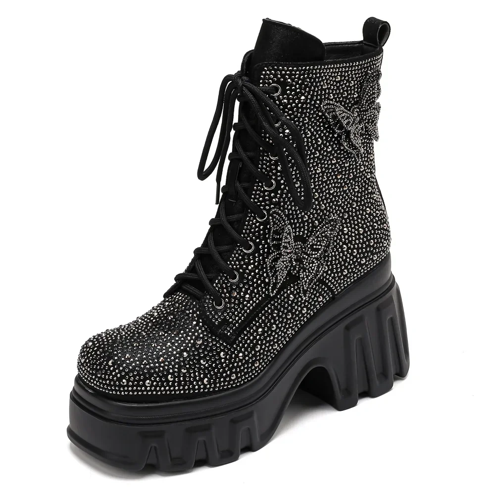 Spring Autumn Winter New Super High Heels Platform Square Toe Bowknot Crystal Genuine Leather Women Ankle Short Modern Boots