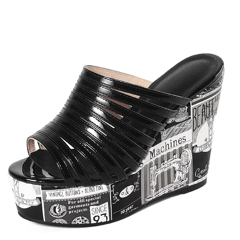 Summer New Fashion Slim Wedges 11.5 CM High Heels Peep Toe Cut Out Chunky Bottom Printing Patent Leather Women Modern Rome Slippers 60123