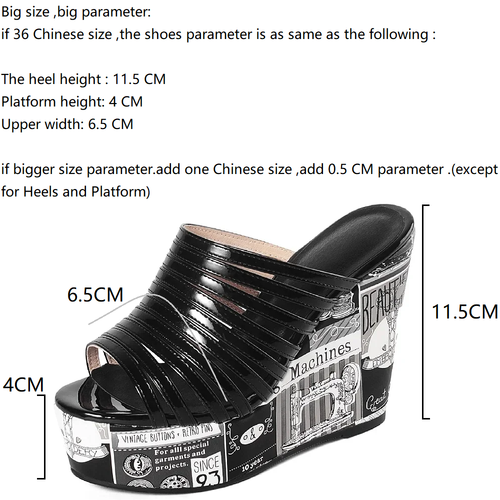 Summer New Fashion Slim Wedges 11.5 CM High Heels Peep Toe Cut Out Chunky Bottom Printing Patent Leather Women Modern Rome Slippers 60123