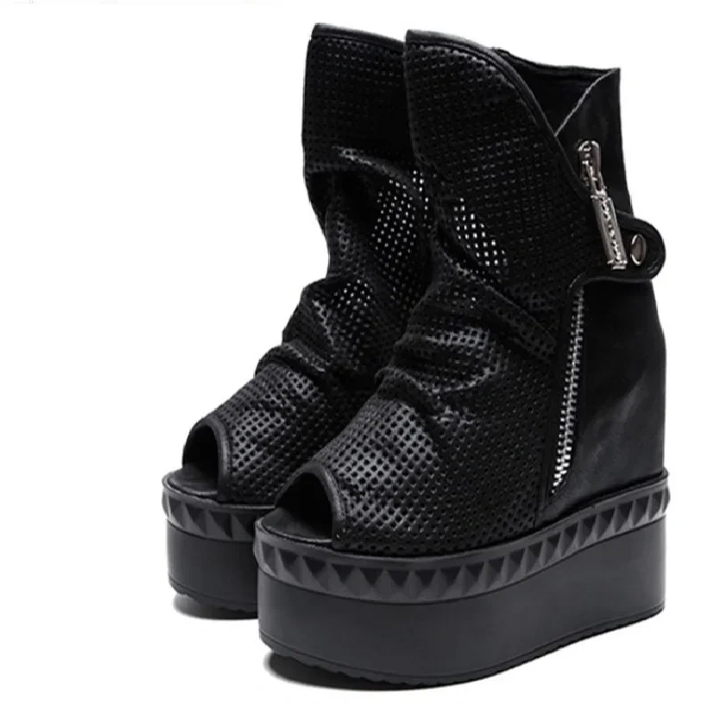 Summer New Fashion Slim Height Increasing Platform Peep Toe Pleated Hollow Flock Zipper Women High Top Short Gladiator Boots 412