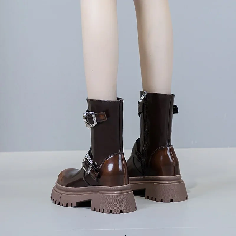 Spring Autumn New Punk Style Slim Height Increasing Platform Belt Buckle Genuine Leather Zipper Women Mid-Calf Motorcycle Boots