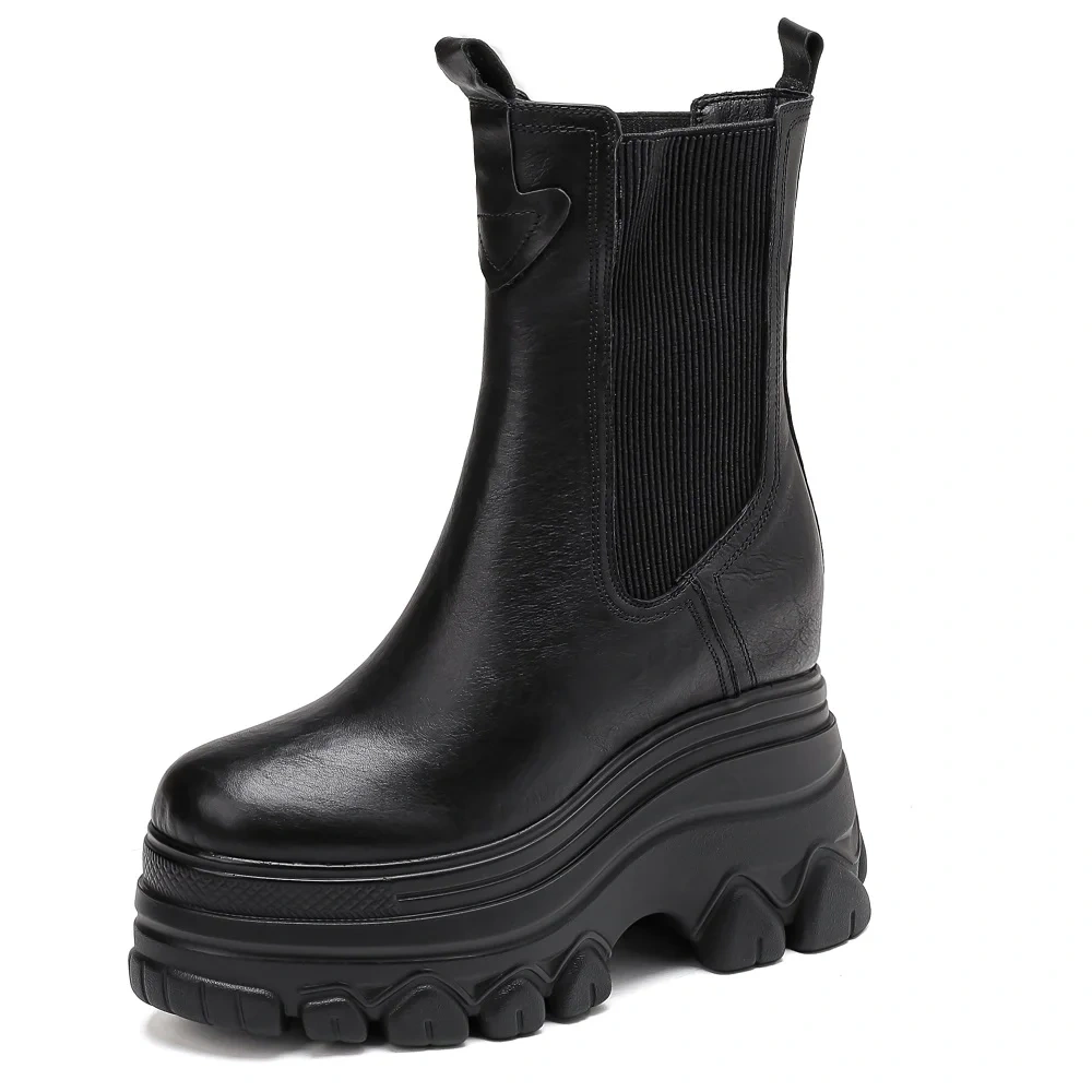 Spring Autumn Winter New British Style Slim Height Internal Platform Genuine Leather Women High Top Short Chelsea Boots 2410