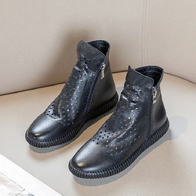 Summer Leisure Flat Bottom Sewing Hollow Cut Out Genuine Leather Women High-top Gladiator Boots Ladies Ankle Short Botas 2303