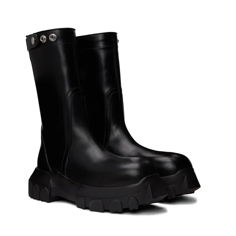 Spring Autumn New British Style Leisure Chunky Bottom Platform Metal Buckle Genuine Leather Men Mid-Calf Half Motorcycle Boots