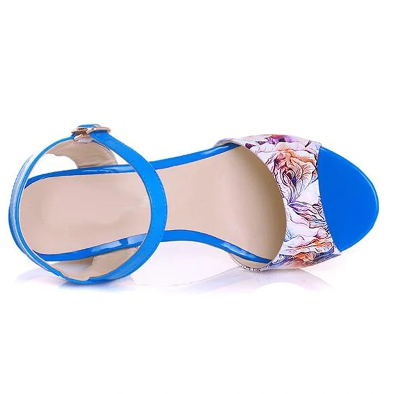 Printed Flowers Patent Leather Thick High Heels Sandals Summer New Blue Open The Toes Sandals Yellow Peep Toe Women Shoes