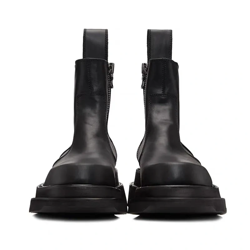 Spring Autumn New British Style Retro Chunky Bottom Platform Sewing Genuine Leather Men Mid-Calf Work Safety Boots Winter Plush