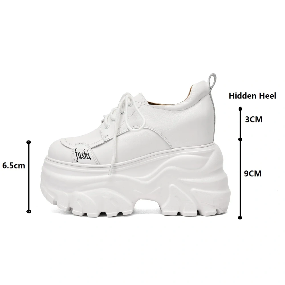 Women Spring Autumn New 12 CM Thick Sole Wedge Heel Casual Shoes Genuine Leather Lace Up Platform Loafers 50219