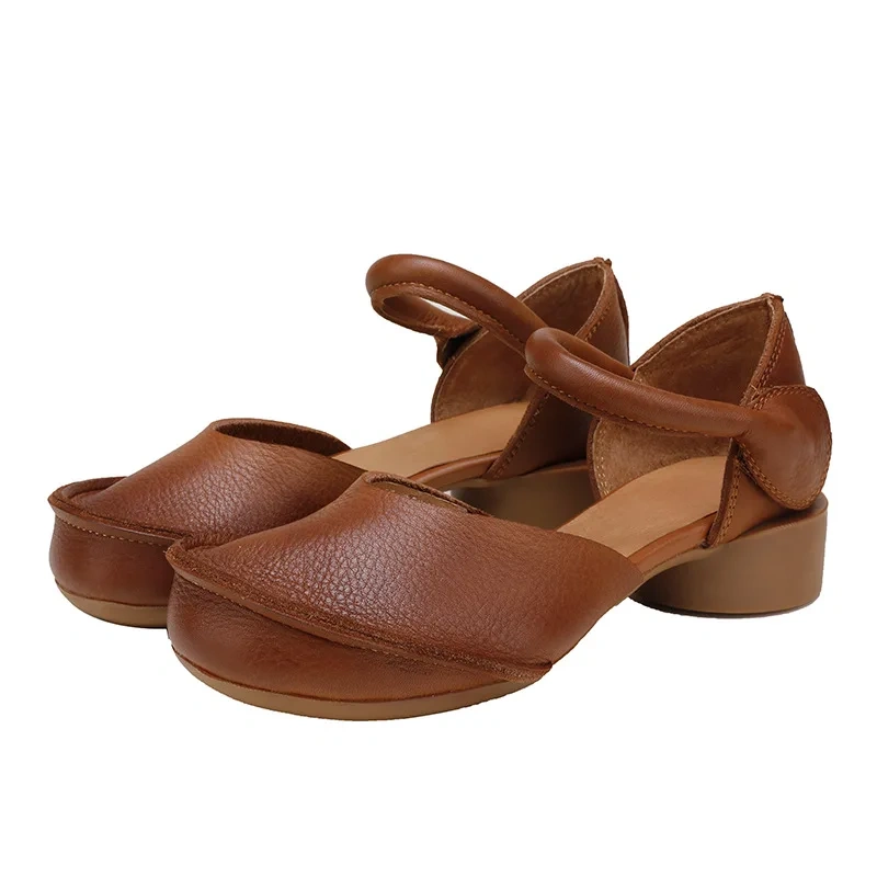 Summer New National Style Retro Thick Heels Round Toe Handmade Sewing Hollow Belt Genuine Leather Women Casual Sandals 2406