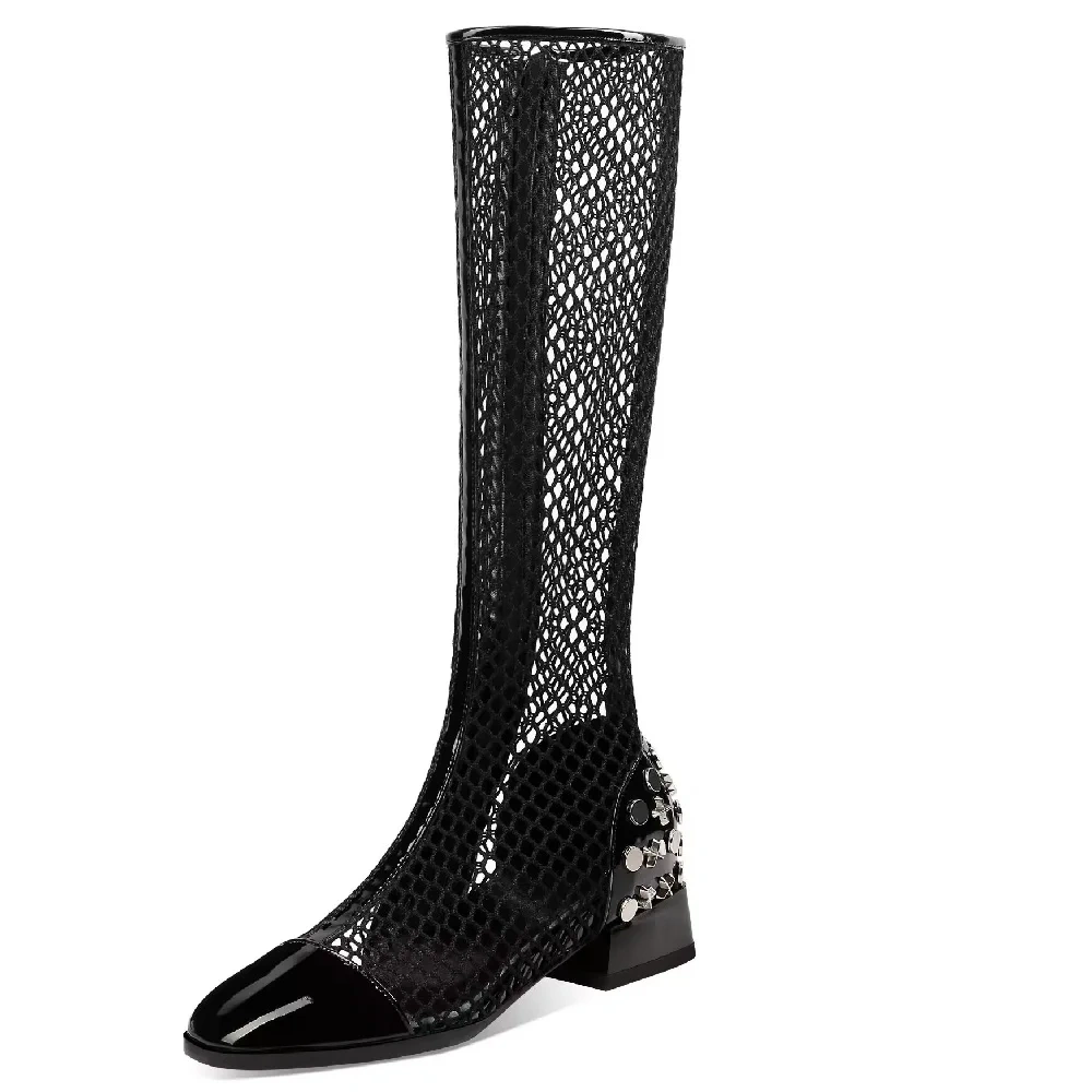 Women Summer New Sexy Style Thick High Heels Square Toe Rivet Hollow Cut Out Breathable Mesh Knee-High Long Modern Boots 41211