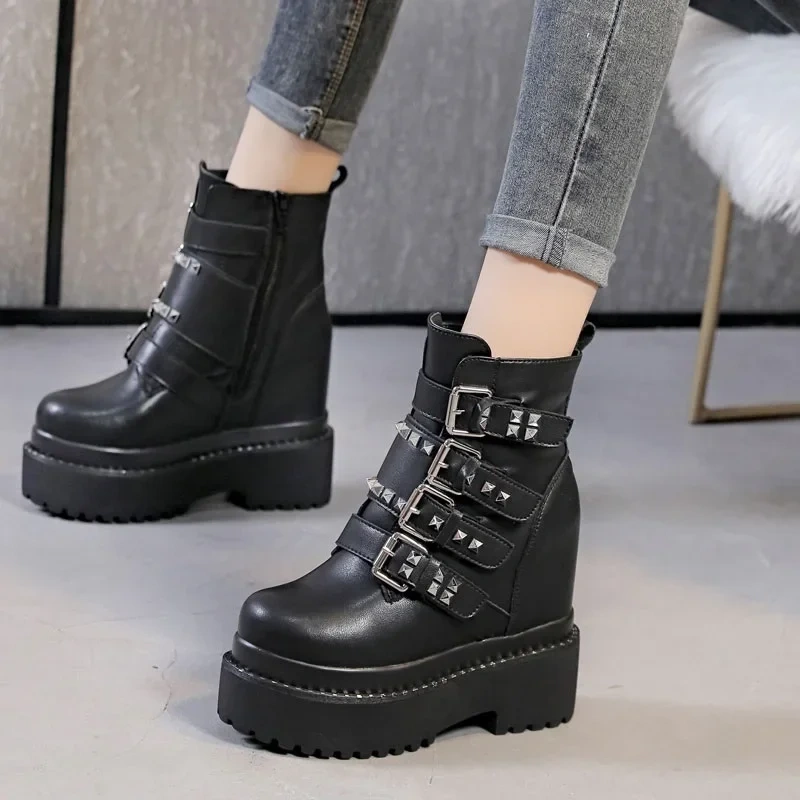 Winter New Punk Style Slim Height Increasing Platform Belt Buckle Rivet Zipper Genuine Leather Women Mid-Calf Modern Boots 2410