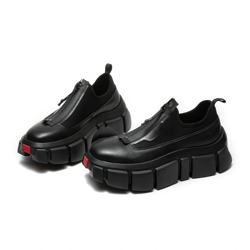 Spring Autumn New British Style Retro Chunky Bottom Platform Stretch Fabric Genuine Leather Men Sneakers Male Motorcycle Shoes