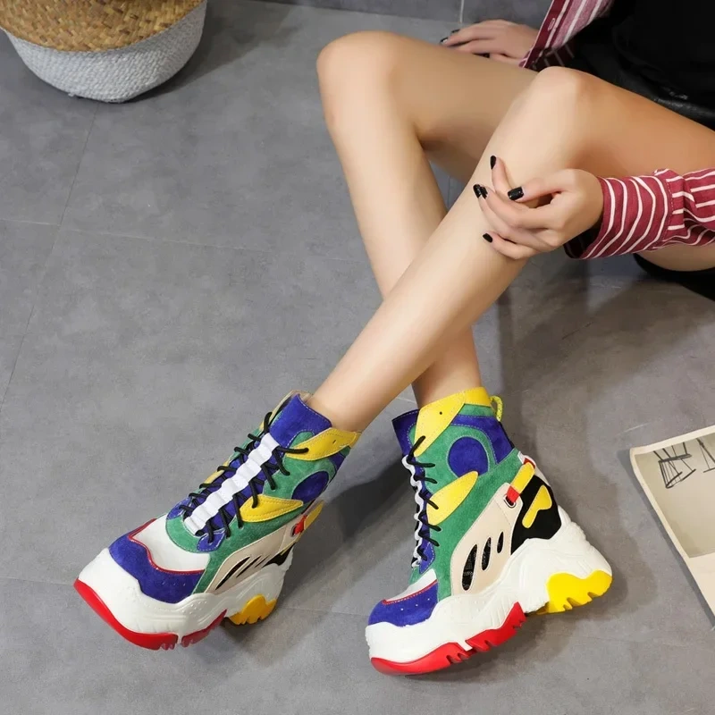 Spring Autumn New Korean Style Slim Height Increasing Platform Mixed Colors Lace-Up Genuine Leather Women Mid-Calf Modern Boots