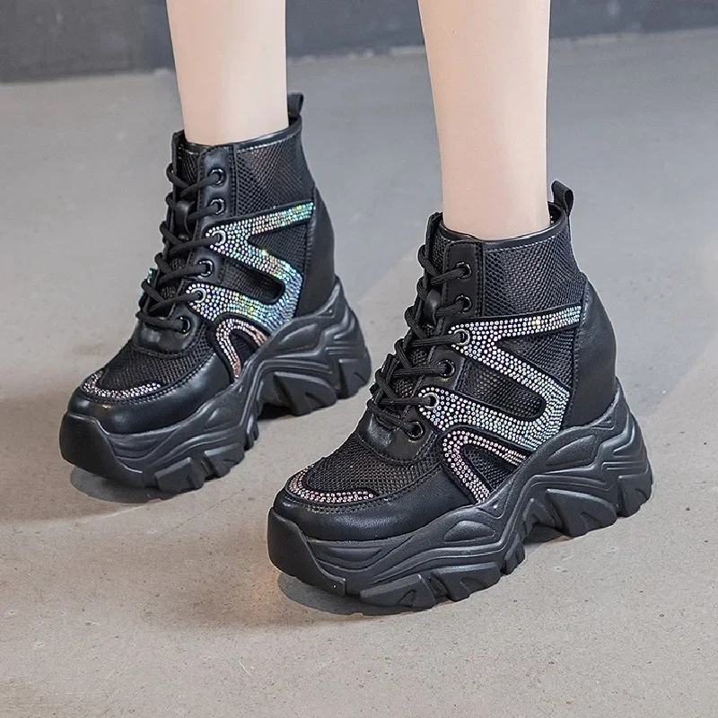 Women Pumps Summer New Slim Height Increasing Platform Bling  Crystal Breathable Mesh Genuine Leather Ladies Casual Sneakers 230