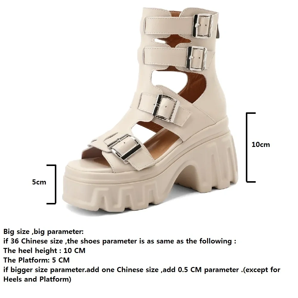 Summer New British Style Retro Super High Heels Platform Hollow Peep Toe Buckle Genuine Leather Zipper Women High Top Rome Boots