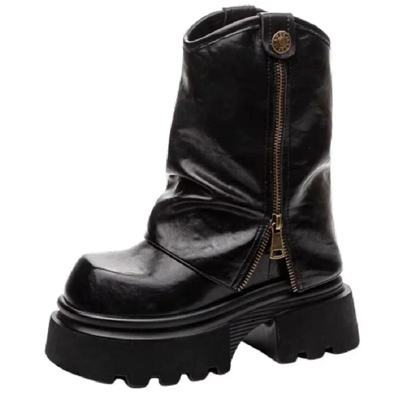 Spring Autumn New Punk Style Slim Height Increasing Platform Pleated Genuine Leather Zipper Women High Top Foldover Boots 2411