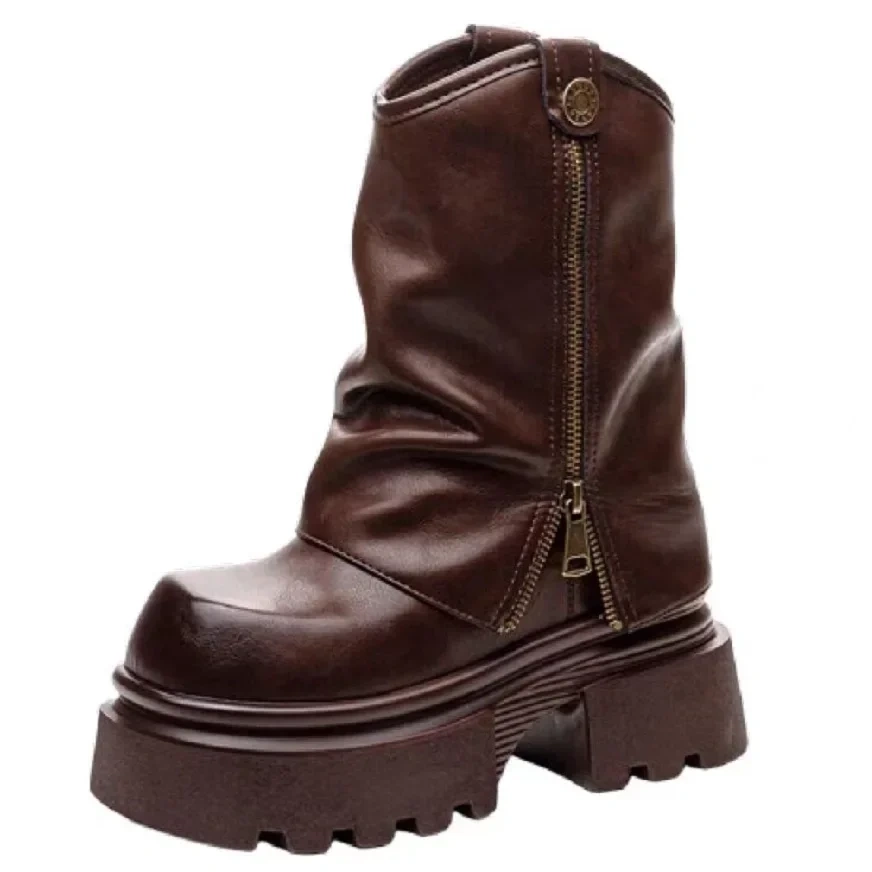 Spring Autumn New Punk Style Slim Height Increasing Platform Pleated Genuine Leather Zipper Women High Top Foldover Boots 2411