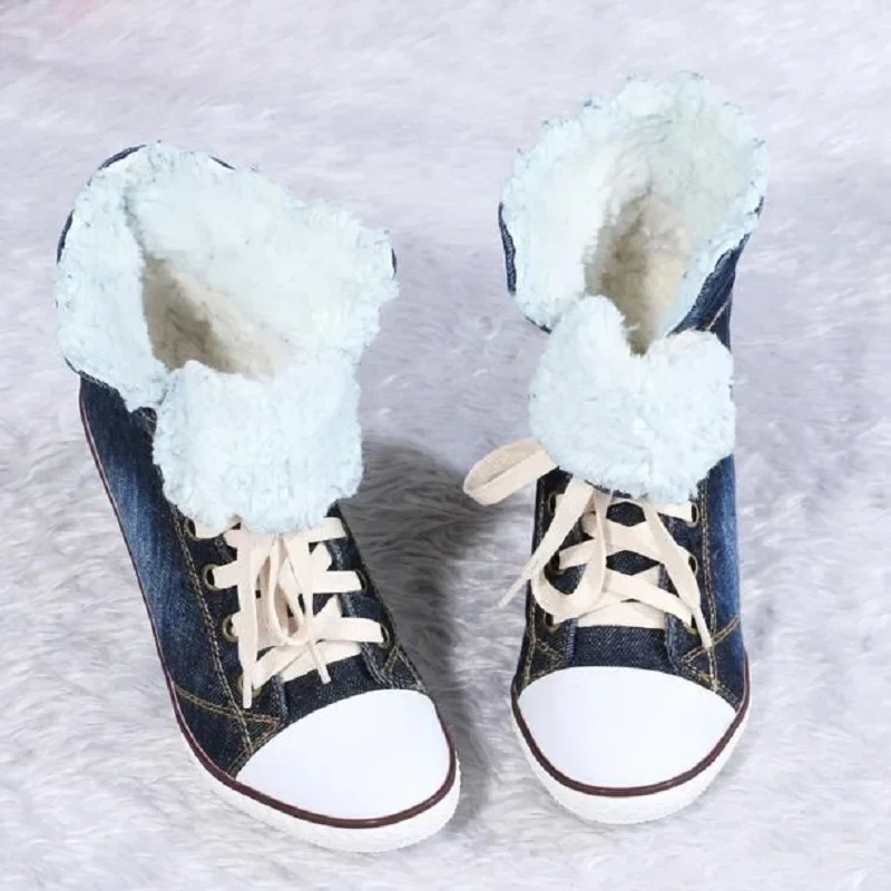 Winter Pointed Toe Lace-up Women Denim Ankle Boots Thick Warm Lady High Heels Short Boots Plus Size 41 42 Big Size Jean Shoes