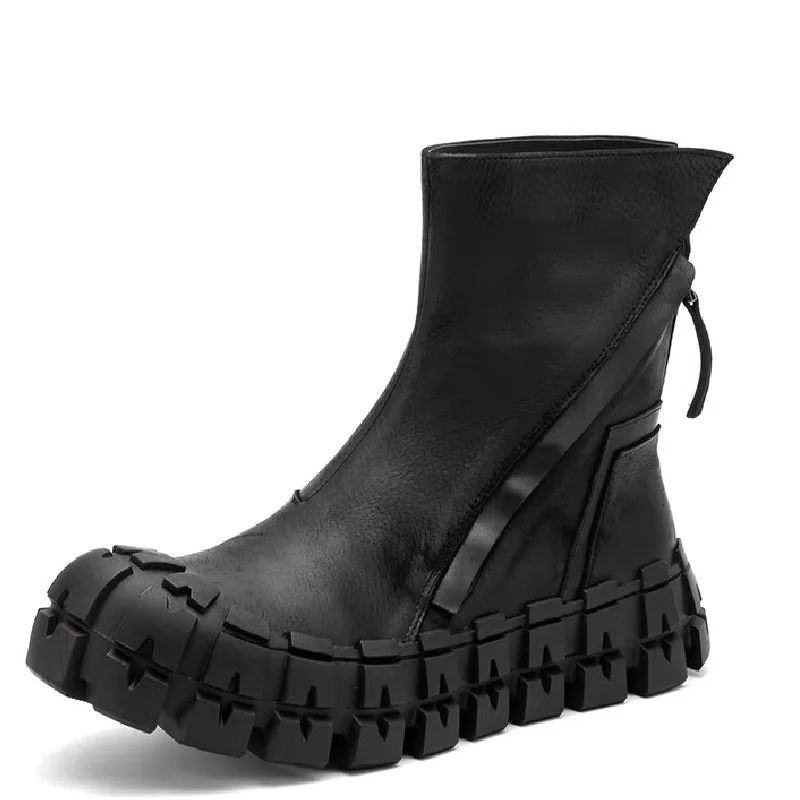 Spring Autumn New British Style Retro Chunky Gear Bottom Sewing Zipper Genuine Leather Men Mid-Calf Half Motorcycle Boots 60123