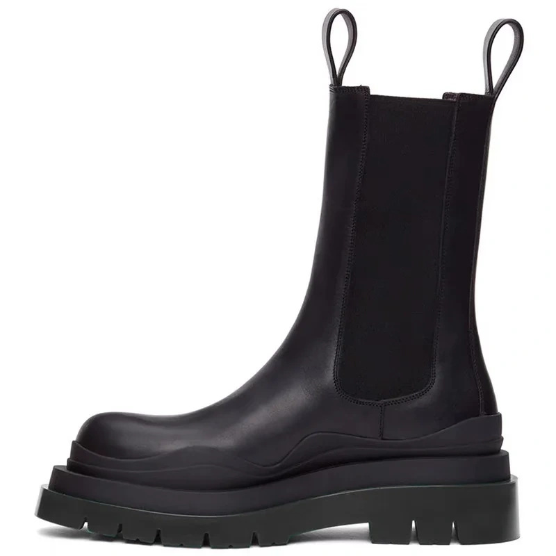 Spring Autumn New British Style Chunky Bottom Platform Slip-On Genuine Leather Men Mid-Calf Half Chelsea Boots Winter Plush 2306