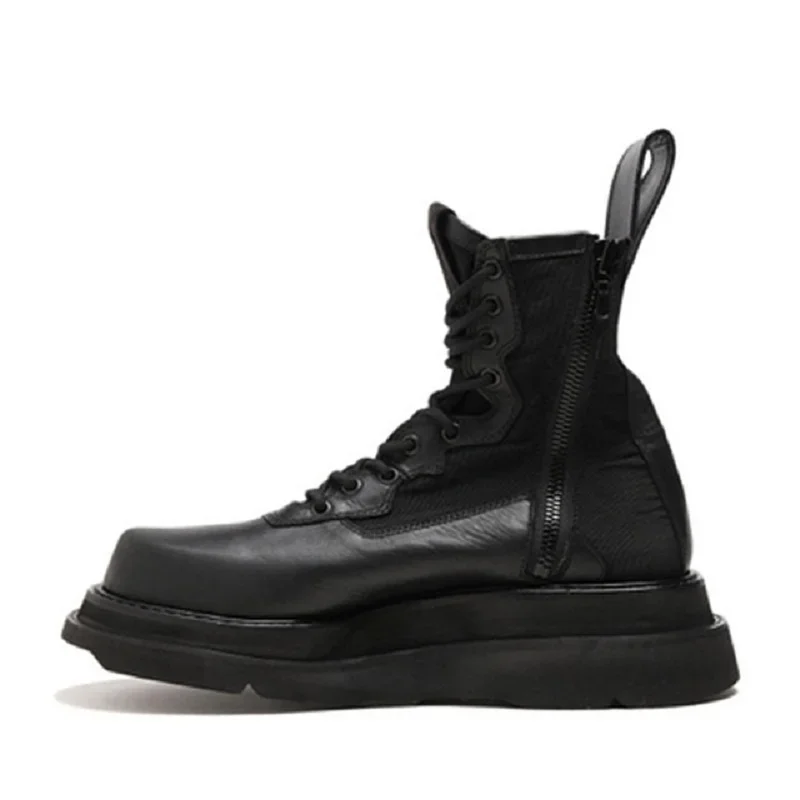 Spring Autumn Retro Chunky Sole Platform Cross-tied Genuine Leather Knight Boots Zipper Men High Top Motorcycle Boots Winter Plush 60123