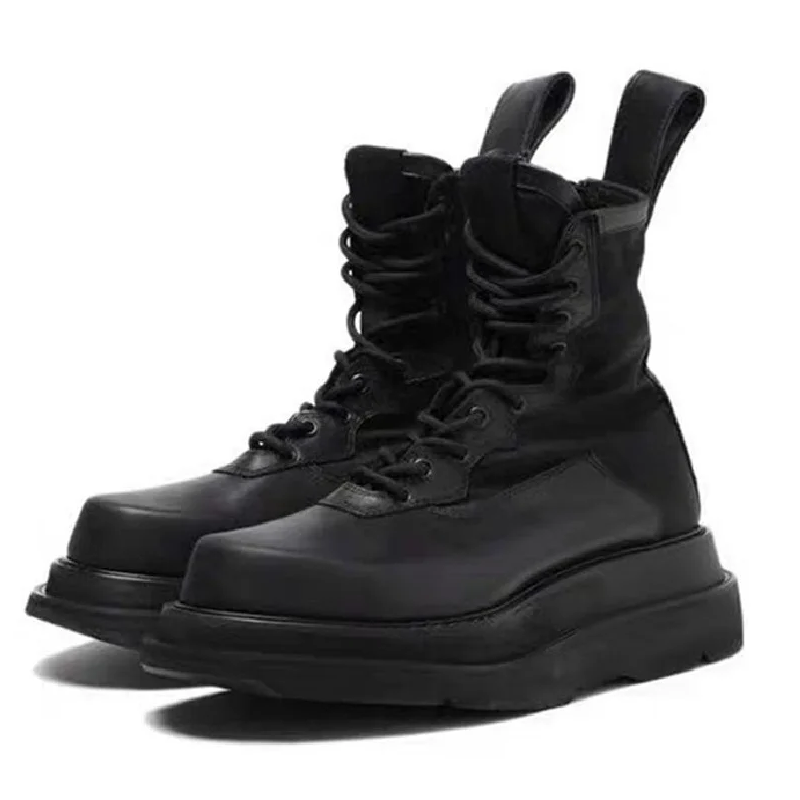 Spring Autumn Retro Chunky Sole Platform Cross-tied Genuine Leather Knight Boots Zipper Men High Top Motorcycle Boots Winter Plush 60123
