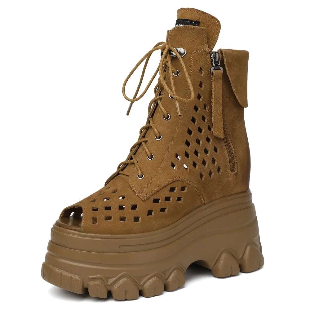 Summer New British Style Retro Height Increasing Platform Peep Toe Hollow Genuine Leather Zipper Women Mid-Calf Gladiator Boots