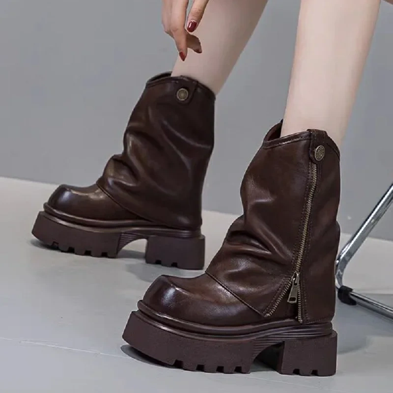 Spring Autumn New Punk Style Slim Height Increasing Platform Pleated Genuine Leather Zipper Women High Top Foldover Boots 2411