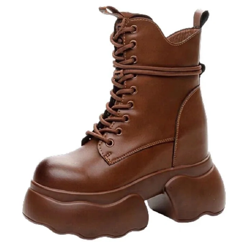 Spring Autumn New British Style Retro Height Increasing Platform Cross-tied Genuine Leather Women Mid-Calf Equestrian Boots 2409