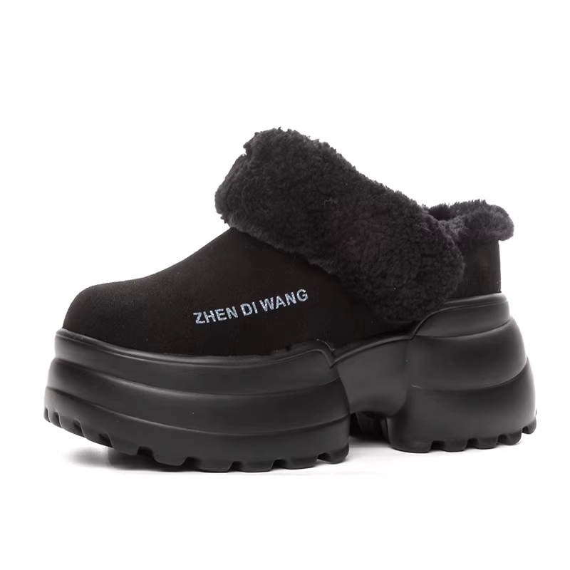 Winter New Korean Leisure Style Height Increasing Platform Round Toe Plush Inside Genuine Leather Women Modern Slippers 2411