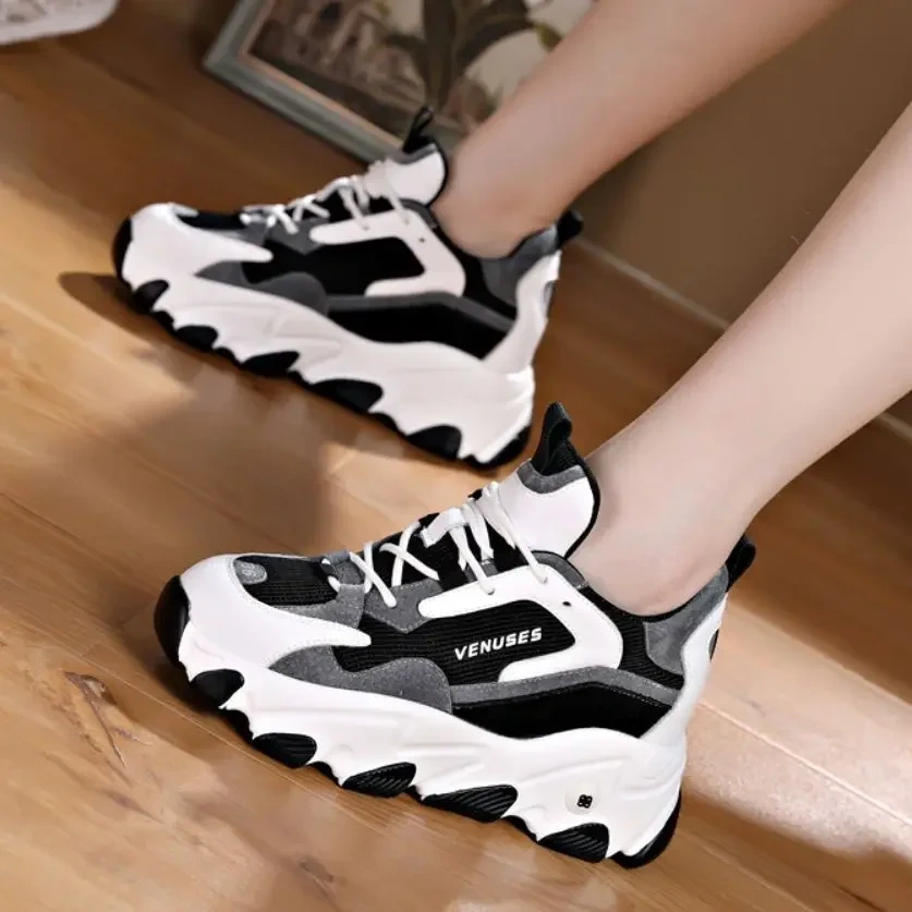 Spring Autumn Women Round Toe Chunky Bottom Height Increasing Elevator Sneakers Fashion Breathable Thick Warm Leisure Shoes 2303