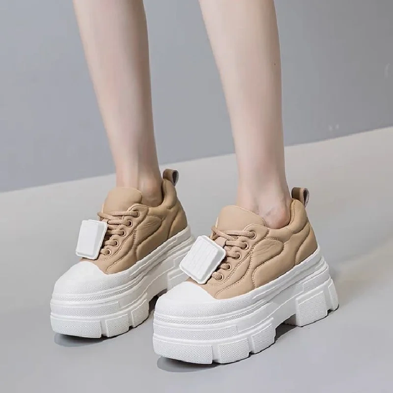 Spring Autumn New Korean Style Slim 10 CM High Heels Wedges Platform Lace-Up Genuine Leather Women Casual Shoes Ladies Sneakers