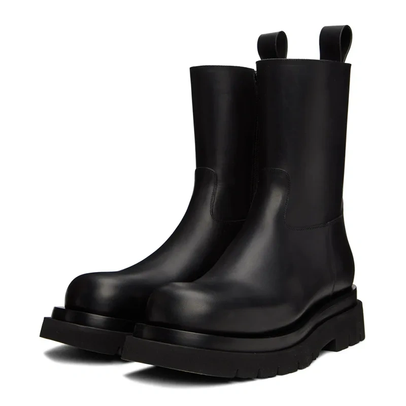 Spring Autumn New European America Style Chunky Bottom Platform Sewing Genuine Leather Men Mid-Calf High Top Business Boots 2310