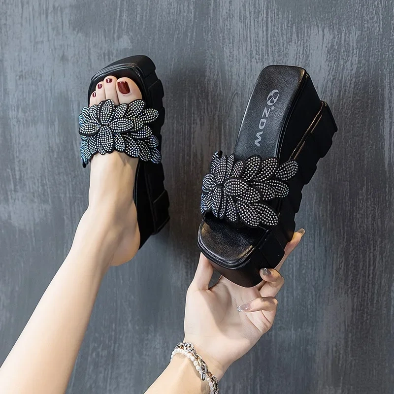 Summer New Outside Fashion Slim Super High Heels Wedges Platform Cut Out Crystal Bowknot Genuine Leather Women Rome Slippers 230
