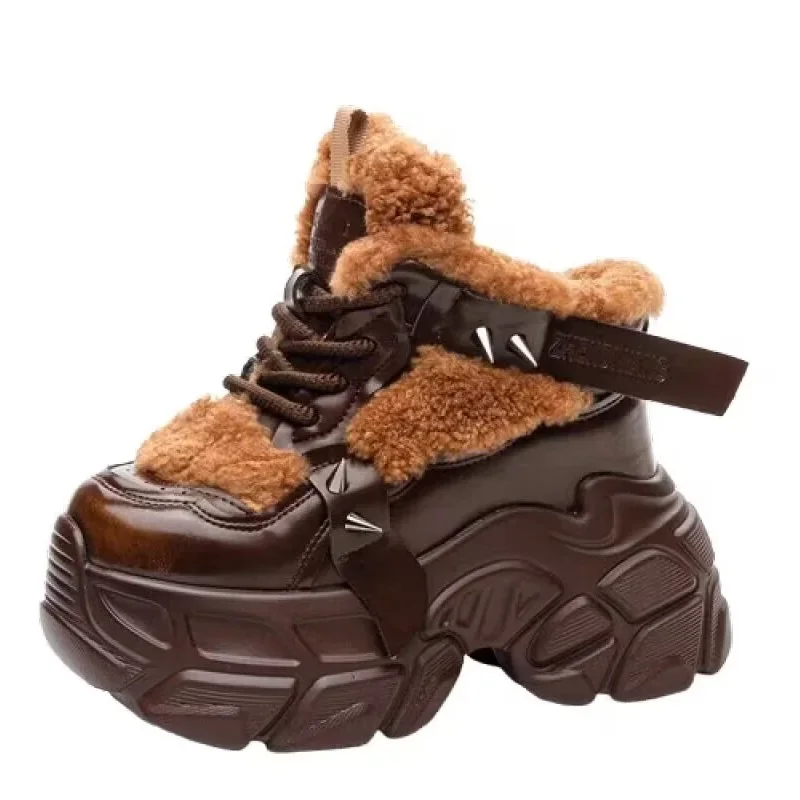 Winter New Slim 12 CM Super High Heels Platform Plush Inside Rivet Lace-Up Genuine Leather Women Casual Shoes Ladies Sneakers 60123