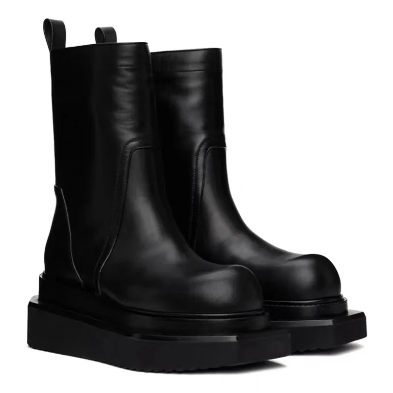 Spring Autumn New European America Style Slim Chunky Bottom Platform Sewing Genuine Leather Men High Top Motorcycle Boots 2306