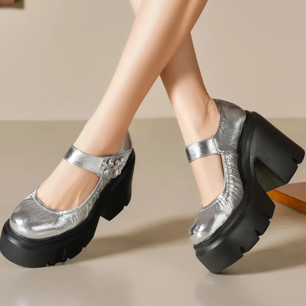 Ladies New Spring Summer 12 CM Chunky Heel Platform Crystal Flower Shoes Pleated Shallow Mouth Genuine Leather Sandals 50220