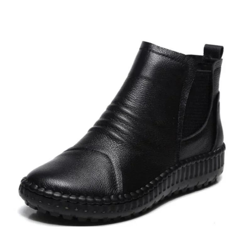 Spring Autumn New Retro Chunky Sole Sewing Genuine Leather Zipper Women Ankle Short Chelsea Boots Winter Plush Inside 41225