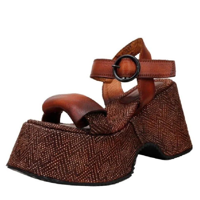 Summer New Retro 10 CM High Heels Chunky Sole Open Toe Platform Cut Out Buckle Strap Genuine Leather Women Gladiator Sandals 60123