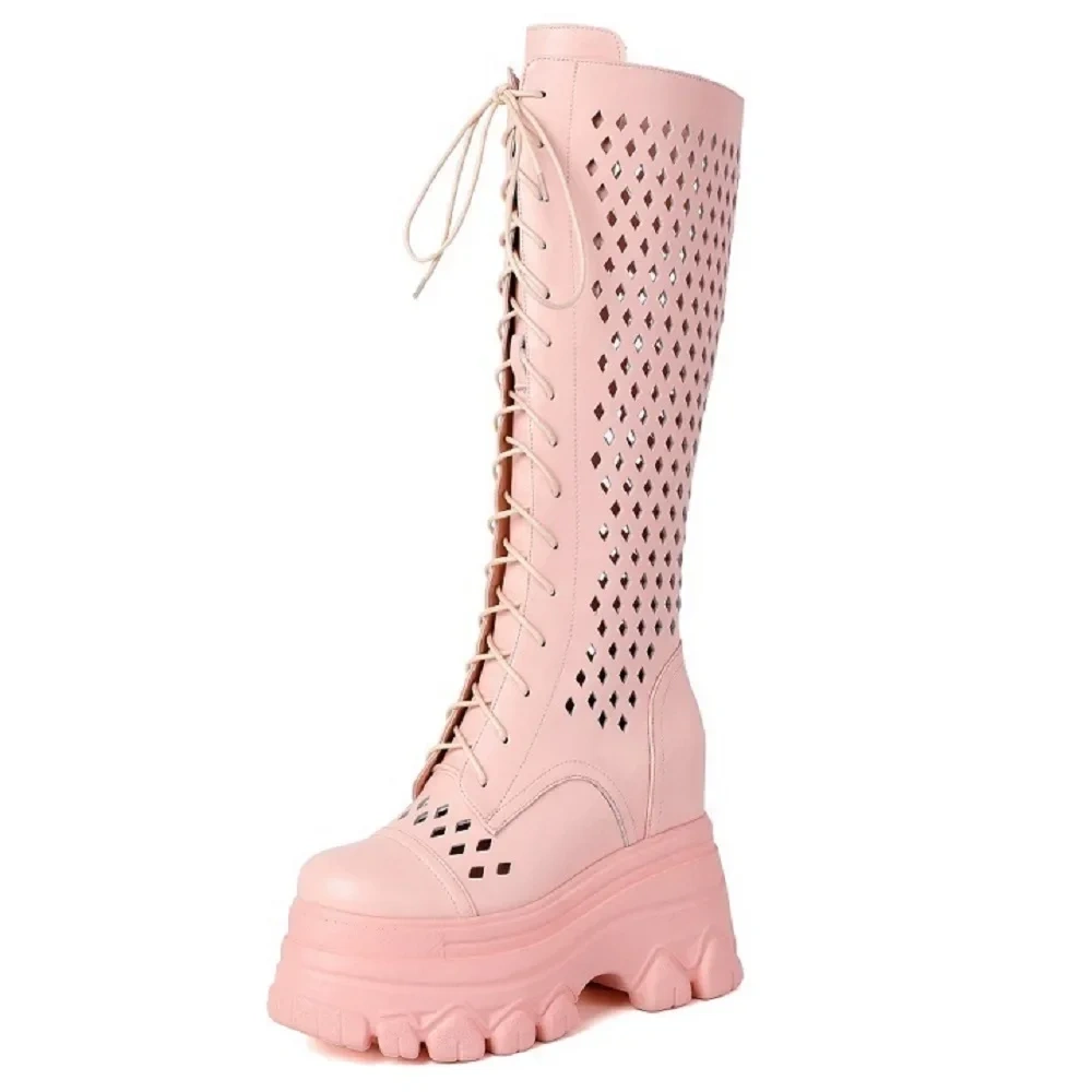 Summer New Slim Height Increasing Platform Hollow Cross-tied Genuine Leather Zipper Women Knee-High Long Modern Boots 2411