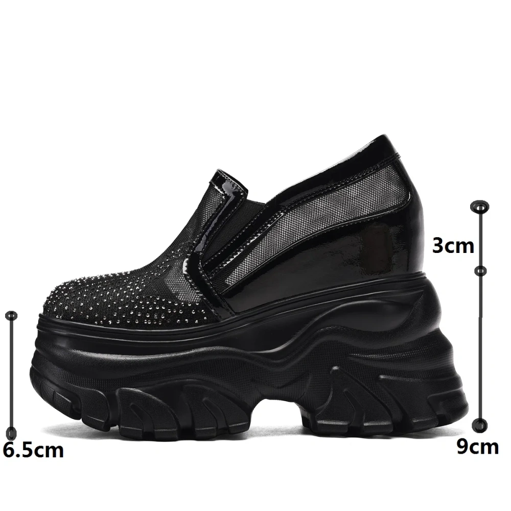 Women Summer New 12 CM Wedge Hidden Heels Thick Sole Genuine Leather Sandals Deep Vamp Crystals Mesh Cut Out Loafers Shoes 50221