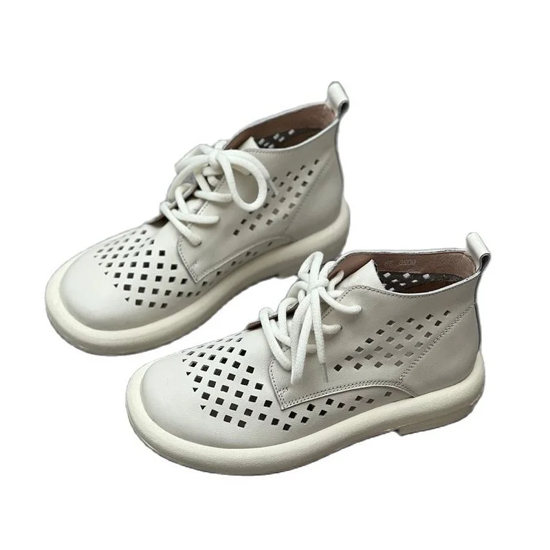 Summer New Arrival Fashion Chunky Bottom Hollow Cut Out Sewing Cross-tied Genuine Leather Women Ankle Short Casual Modern Boots 60123