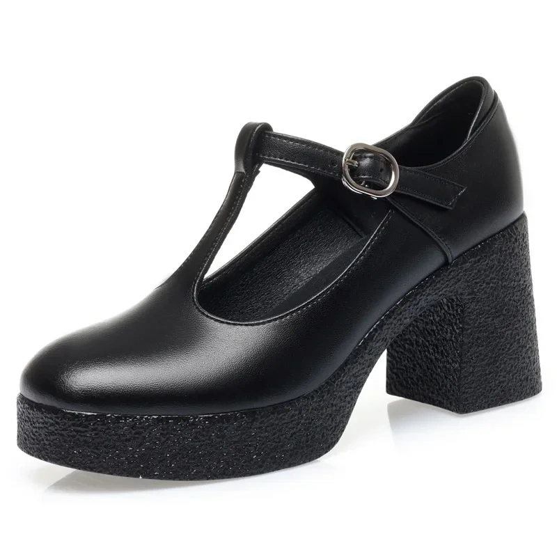 Spring Autumn New Retro Thick High Heels Chunky Sole Platform T-tied Shallow Genuine Leather Buckle Strap Women Pumps 41213